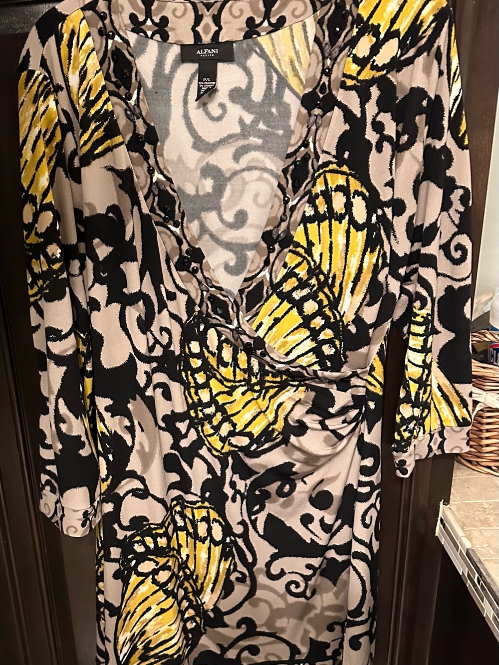 Alfani Petite Black, Yellow & Beige Patterned Wrap Dress